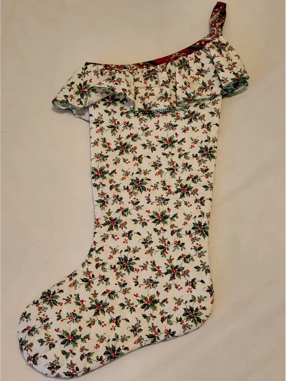 Vintage Handmade White Christmas Stocking Holiday Holly Pinecones Ruffles 22”